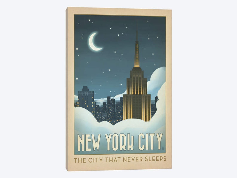 New York City Art Wall Vintage Poster Canvas Print Nyc Manhattan Downtown Skyline Travel Decor