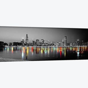 Chicago Skyline, Chicago Night Cityscape, Lake Michigan, Chicago Panoramic Reflection Photo, Canvas Wall Art, Downtown Chicago