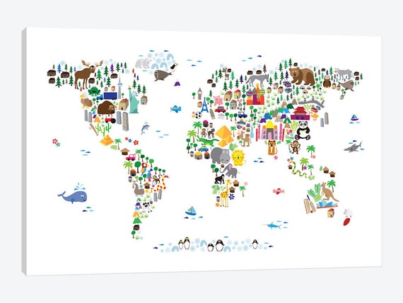 Animal World Map Nursery Baby Room Decor Kids World Map