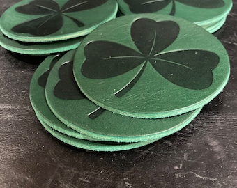 St Patricks Day Leather Coasters / Lucky / Irish / Shamrock / 3 Leaf Clover / 4 Leaf Clover / Ireland / Green