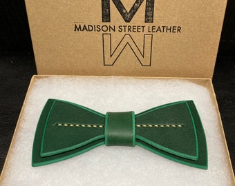 Irish Green Leather Bowtie / St Patricks Day / Saint Patrick / Luck / Lucky / Shamrock / Clover / 3 Leaf Clover /