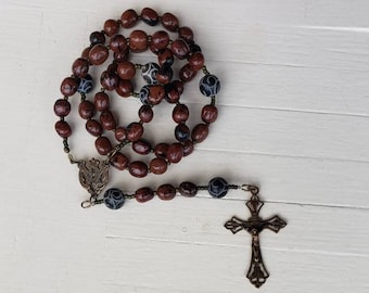 Handmade Catholic Rosary - Dark red stone beads and bronze center and crucifix