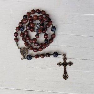 Handmade Catholic Rosary - Dark red stone beads and bronze center and crucifix