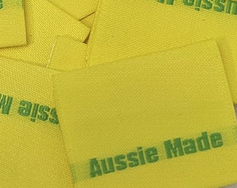 Etichette tessute, etichette per indumenti, etichette per indumenti, etichette per progetti di cucito, tessuto Rubyjam, confezione da 10, colore verde e oro, prodotte in Australia.