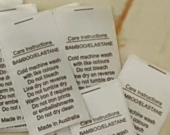 Cura, Etichette, Elastan di bambù, Spandex di cotone, Bianco, Raso, Stampa termica, Cucito, Cucito, Abbigliamento, Indumento, Etichette, Rubyjam, Confezione da 25