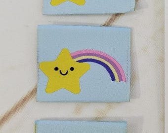 Etichette tessute Kawaii Star, arcobaleno, da cucire, etichette per abbigliamento, etichette per indumenti, etichette per progetti di cucito, tessuto Rubyjam, confezione da 10