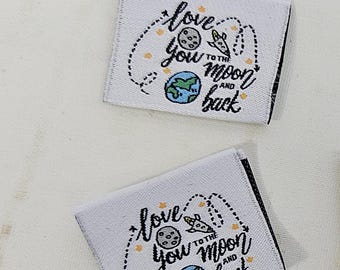 Ti amo fino alla luna e ritorno, etichette tessute da cucire, etichette per abbigliamento, etichette per indumenti, etichette per progetti di cucito, tessuto Rubyjam, confezione da 10