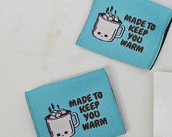 Etichette per tazza di cacao, fatte per tenerti al caldo, da cucire, tessute, etichette per abbigliamento, etichette per indumenti, etichette per progetti di cucito, tessuto Rubyjam, confezione da 10