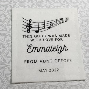 Custom Quilt Label, Personalised Quilt Label, Printed Quilt Label, Quilt Labels for Gifts, Organic Cotton, Music Quilt Design