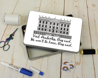 Pemberley, Jane Austen, Theme, Storage, Tin, Empty, Rectangle, Metal, Sewing Box, Sewing Storage, Austen themed gift, Rubyjam Fabric