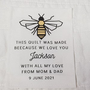 Custom Quilt Label, Personalised Quilt Label, Printed Quilt Label, Quilt Labels for Gifts, Organic Cotton, Bee Quilt Design