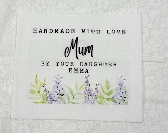 Custom Quilt Label, Personalised Quilt Label, Printed Quilt Label, Quilt Labels for Gifts, Organic Cotton, Purple Floral Design