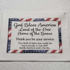 Quilt, Label, Custom, Personalised, Veteran, Valor, print on demand, organic, oeko tex, quilting cotton, washing, laundry, care instructions