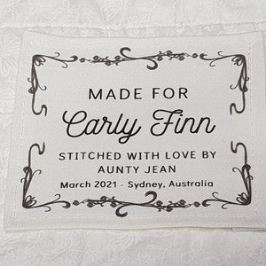 Custom Quilt Label, Personalised Quilt Label, Printed Quilt Label, Quilt Labels for Gifts, Organic Cotton, Elegant Scroll Design, Rubyjam