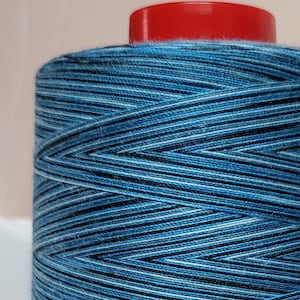 May include: A spool of blue, white, and black thread with a red plastic top.