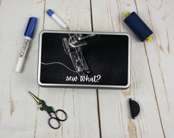 Sew What?, Theme, Storage, Tin, Empty, Rectangle, Metal, Sewing Box, Sewing Storage, Sewing themed gift, Rubyjam Fabric