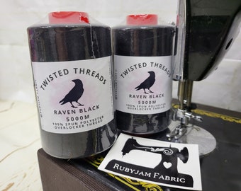 Raven Black, Hilos retorcidos, Hilo de coser negro, Hilo para overlock, Hilo para remalladora, Hilo de poliéster, Carrete de hilo grande, Tela Rubyjam