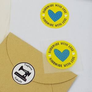 Handmade with love, Yellow Circle, Pack of 8, Tagless Label Transfers, neck labels, labels, neck transfer, labels, heat transfer