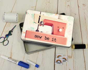 Sew Be It, Theme, Storage, Tin, Empty, Rectangle, Metal, Sewing Box, Sewing Storage, Sewing themed gift, Rubyjam Fabric