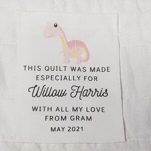 Custom Quilt Label, Personalised Quilt Label, Printed Quilt Label, Quilt Labels for Gifts, Organic Cotton, Dinosaur Design, Dinosaur Quilt