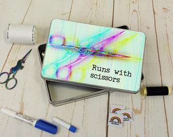 Runs With Scissors, Theme, Storage, Tin, Empty, Rectangle, Metal, Sewing Box, Sewing Storage, Sewing themed gift, Rubyjam Fabric