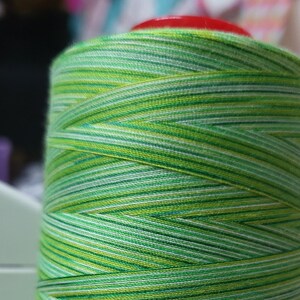 May include: A spool of green and white striped thread. The thread is wound tightly around the spool and has a subtle sheen.