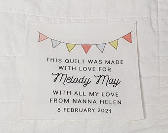 Quilt, Label, Custom, Personalised, bunting, Handmade, Gift Quilt, print on demand, organic, oeko tex, quilting cotton, washing, laundry