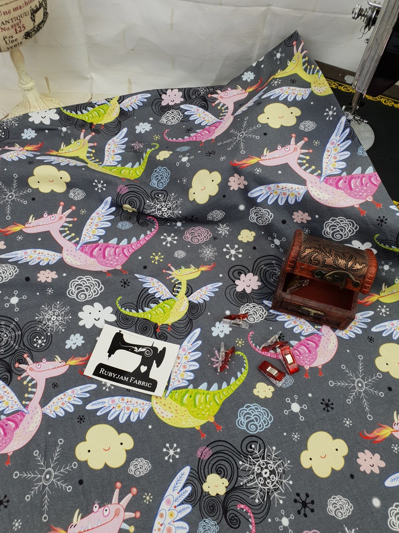 Dragons fairytale fabric Stretch Fairytale knit fabric Fabric stretch fabric Grey Dragon Cotton Lycra Knit