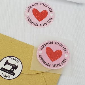 Handmade with love, Light Pink Circle, Pack of 8, Tagless Label Transfers, neck labels, labels, neck transfer, labels, heat transfer