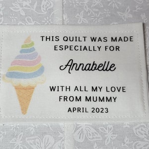Custom Quilt Label, Personalised Quilt Label, Printed Quilt Label, Quilt Labels for Gifts, Organic Cotton, Ice-Cream Quilt Design