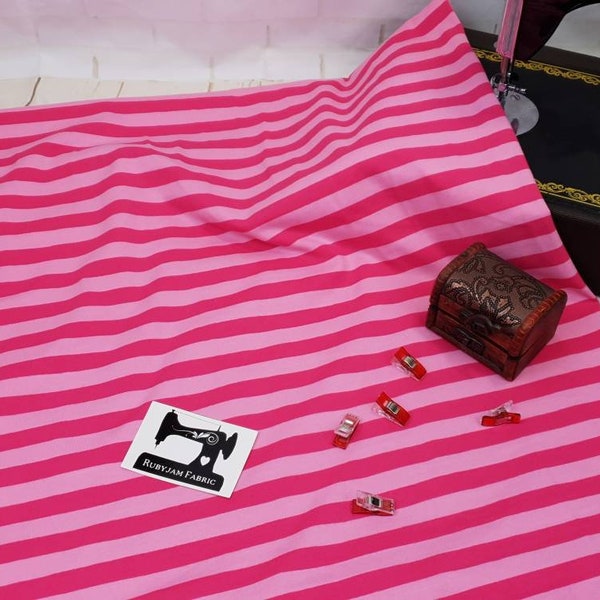 Tissu à rayures roses, rayures teintées en fil, coton spandex, coton élasthanne, tissu à rayures extensibles, tissu tricoté extensible, étirement dans 4 directions