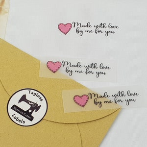 Feito com amor por mim para você, coração rosa, pacote de 8, etiquetas de transferência sem etiqueta, etiquetas de pescoço, roupas, transferência de pescoço, etiquetas, transferência de calor
