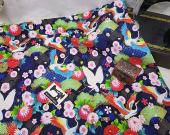 Cranes, Birds, Navy Blue Fabric, Japanese, Good Luck, Cotton Elastane, Cotton Spandex, Stretch Knit Fabric, Jersey Knit Fabric