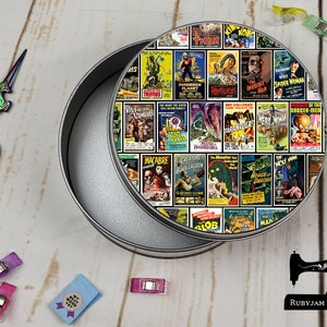 Vintage, Horror, Movie, Posters, Round, Storage, Tin, Empty, Craft Storage, Metal, Sewing Box, Rubyjam Fabric