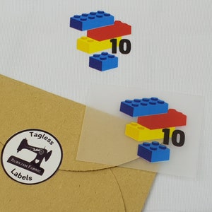 Tamanho 10, construção, blocos, tijolos, pacote de 8, etiquetas de transferência sem etiqueta, etiquetas de pescoço, etiquetas de roupas, transferência de pescoço, etiquetas, transferência de calor