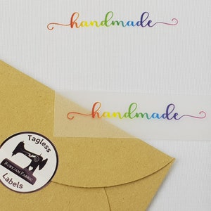Handmade, Cursive, Rainbow, Pack of 8, Tagless Label Transfers, neck labels, clothing labels, neck transfer, labels, heat transfer, sewing