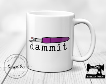 Dammit, Seam Ripper, Purple, White Mug, Sewing Humour, Funny, Cup, Mug, Quilting, Craft, Gift Idea, Crafty, Sewist, Seamstress