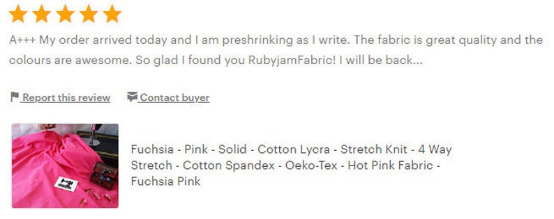 May include: A close-up of a bright pink fabric with the text "Fuchsia - Pink - Solid - Cotton Lycra - Stretch Knit - 4 Way Stretch - Cotton Spandex - Oeko-Tex - Hot Pink Fabric - Fuchsia Pink".