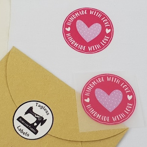 Handmade with love, Pink Circle, Pack of 8, Tagless Label Transfers, neck labels, clothing labels, neck transfer, labels, heat transfer