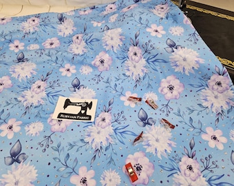 Tessuto floreale viola, tessuto blu, tessuto, tessuto a maglia, cotone spandex, cotone elastan, tessuto elasticizzato, tessuto a maglia jersey, Rubyjam