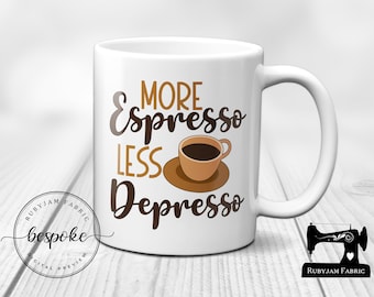 Mehr Espresso, Weniger Depresso, Weiße Tasse, Humor, Lustig, Tasse, Becher, Geschenkidee, Weihnachtsgeschenkidee, Chefgeschenk, Chefgeschenk