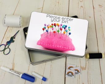 Enter Your Pin, Sewing, Theme, Storage, Tin, Empty, Rectangle, Metal, Sewing Box, Sewing Storage, Sewing themed gift, Rubyjam Fabric