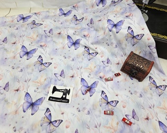 Purple, White, Butterflies, Butterfly, Cotton Elastane, Custom Knit, Fabric, 4 way stretch, knit fabric, stretch fabric