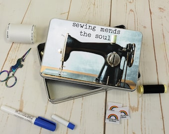 Sewing Mends the Soul, Theme, Storage, Tin, Empty, Rectangle, Metal, Sewing Box, Sewing Storage, Sewing themed gift, Rubyjam Fabric
