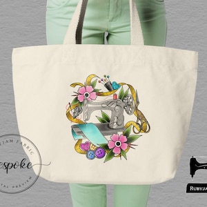 Vintage, Nähmaschine, Tote Bag, Canvas, Naturfarbe, Basteltasche, Klassentasche, Rubyjam Stoff, Geschenkidee, Basteln, Nähen, Nähen, Basteln