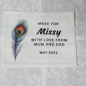 Custom Quilt Label, Personalised Quilt Label, Printed Quilt Label, Quilt Labels for Gifts, Organic Cotton, Peacock Quilt Design