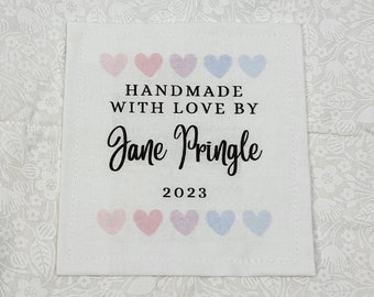 Custom Quilt Label, Personalised Quilt Label, Printed Quilt Label, Quilt Labels for Gifts, Organic Cotton, Valentine Design, Pastel Hearts