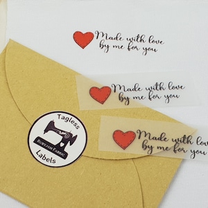 Feito com amor por mim para você, coração vermelho, pacote de 8, etiquetas de transferência sem etiqueta, etiquetas de pescoço, roupas, transferência de pescoço, etiquetas, transferência de calor