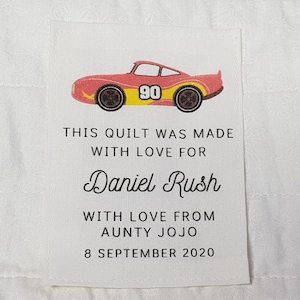 Quilt, Label, Custom, Personalised, race car, boy gift, Gift Quilt, print on demand, organic, oeko tex, quilting cotton, washing, laundry