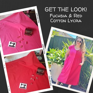 May include: Two fabric swatches, one fuchsia and one red, with a sewing machine logo and the text "RUBYJAM FABRIC". A woman is wearing a dress made from the same fabric, with one side fuchsia and the other red. The text "GET THE LOOK! FUCHSIA & RED COTTON LYCRA" is displayed above the image.